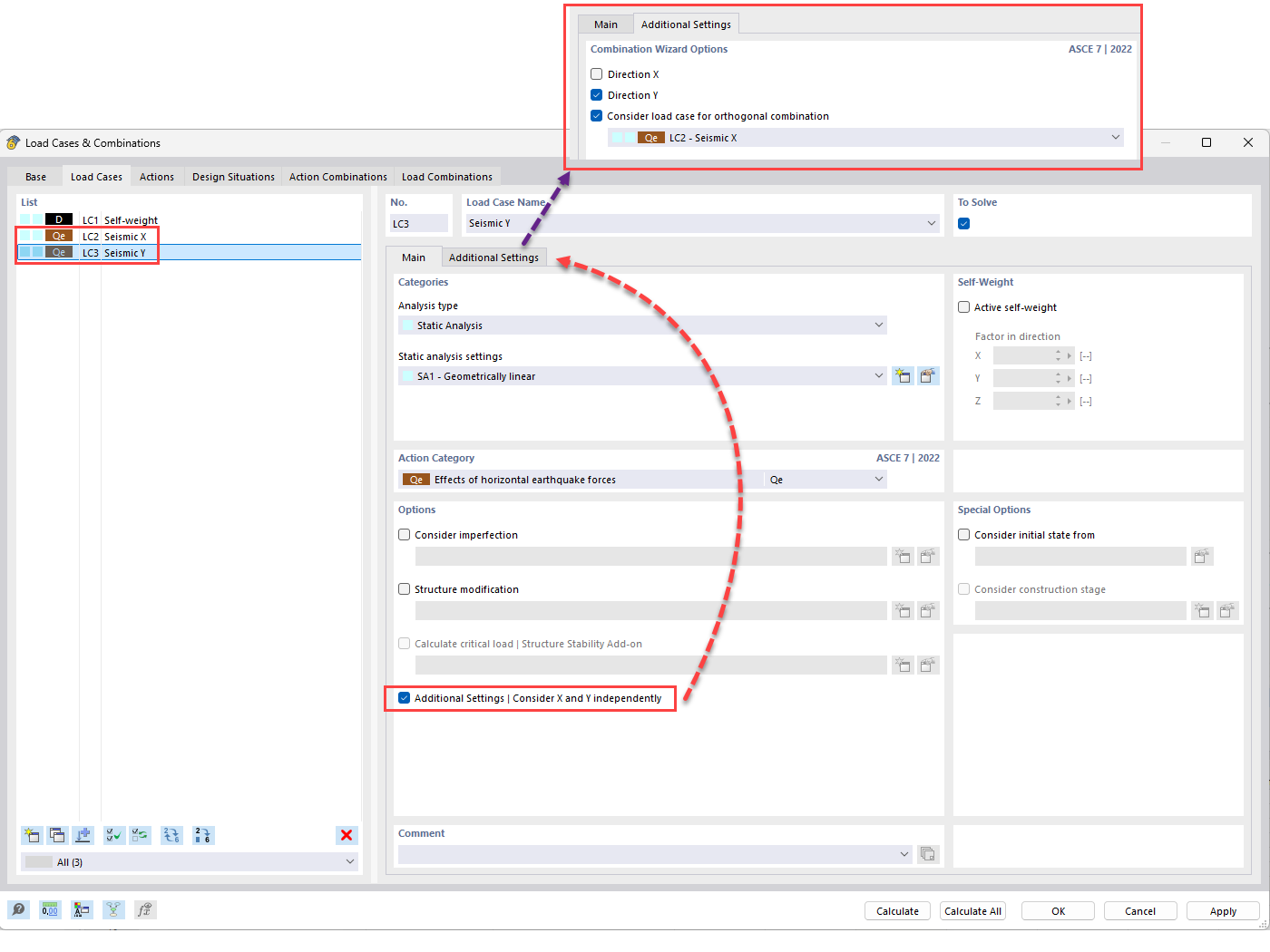 FAQ 005299 | Comment appliquer la procédure de combinaison directionnelle orthogonale ASCE 7 (règle 100 % + 30 %) pour les charges sismiques dans une analyse statique ?