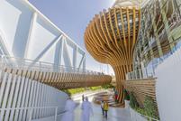 Pavillon avec une passerelle flottant au-dessus de l'entrée (© Rubner - Versatile Synergy)