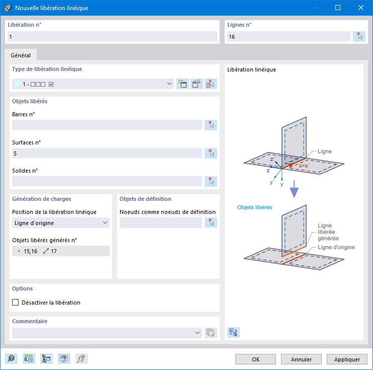 Boîte de dialogue « Nouvelle libération linéique »