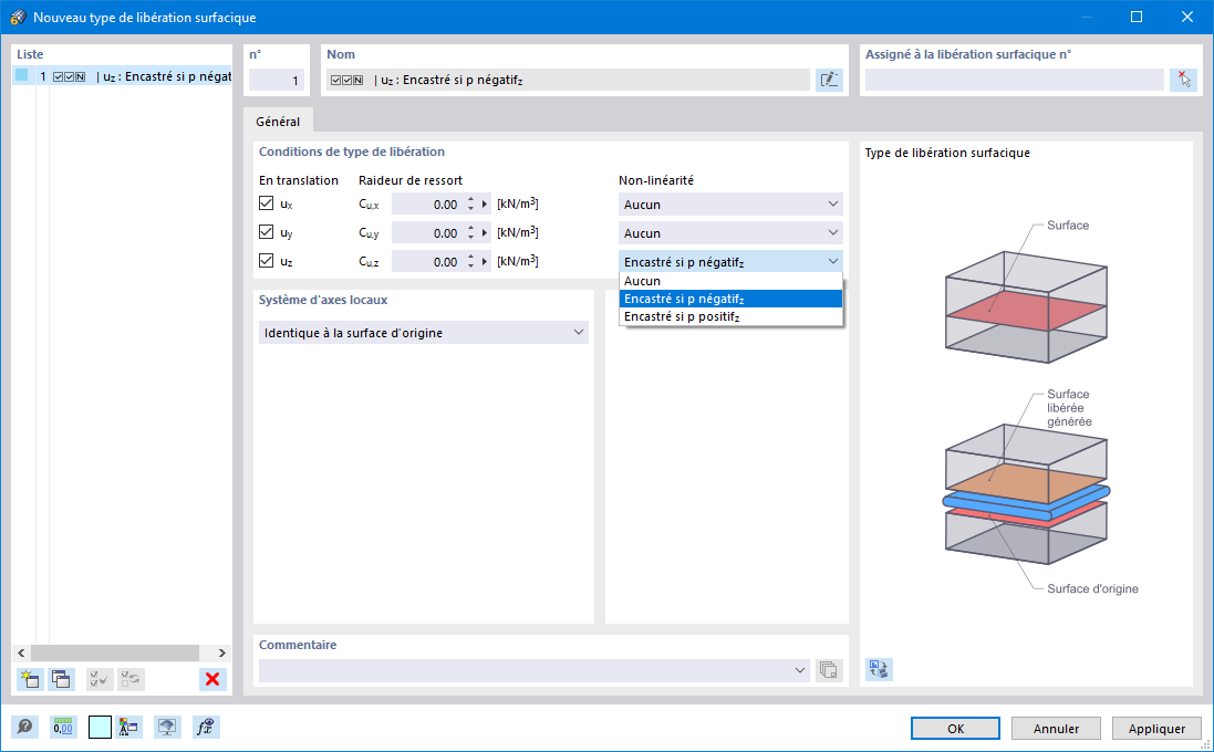 Boîte de dialogue « Nouveau type de libération surfacique »