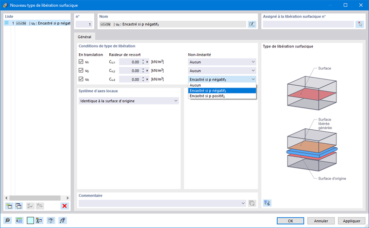 Boîte de dialogue « Nouveau type de libération surfacique »