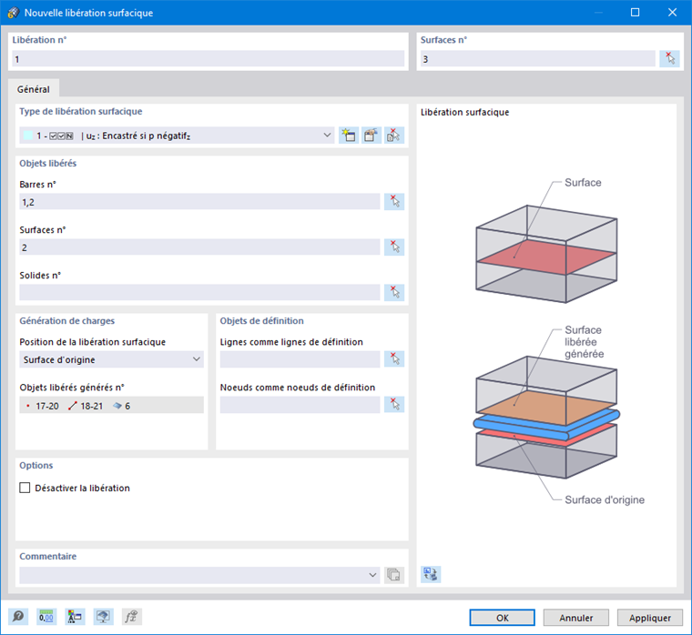Boîte de dialogue « Nouvelle libération surfacique »