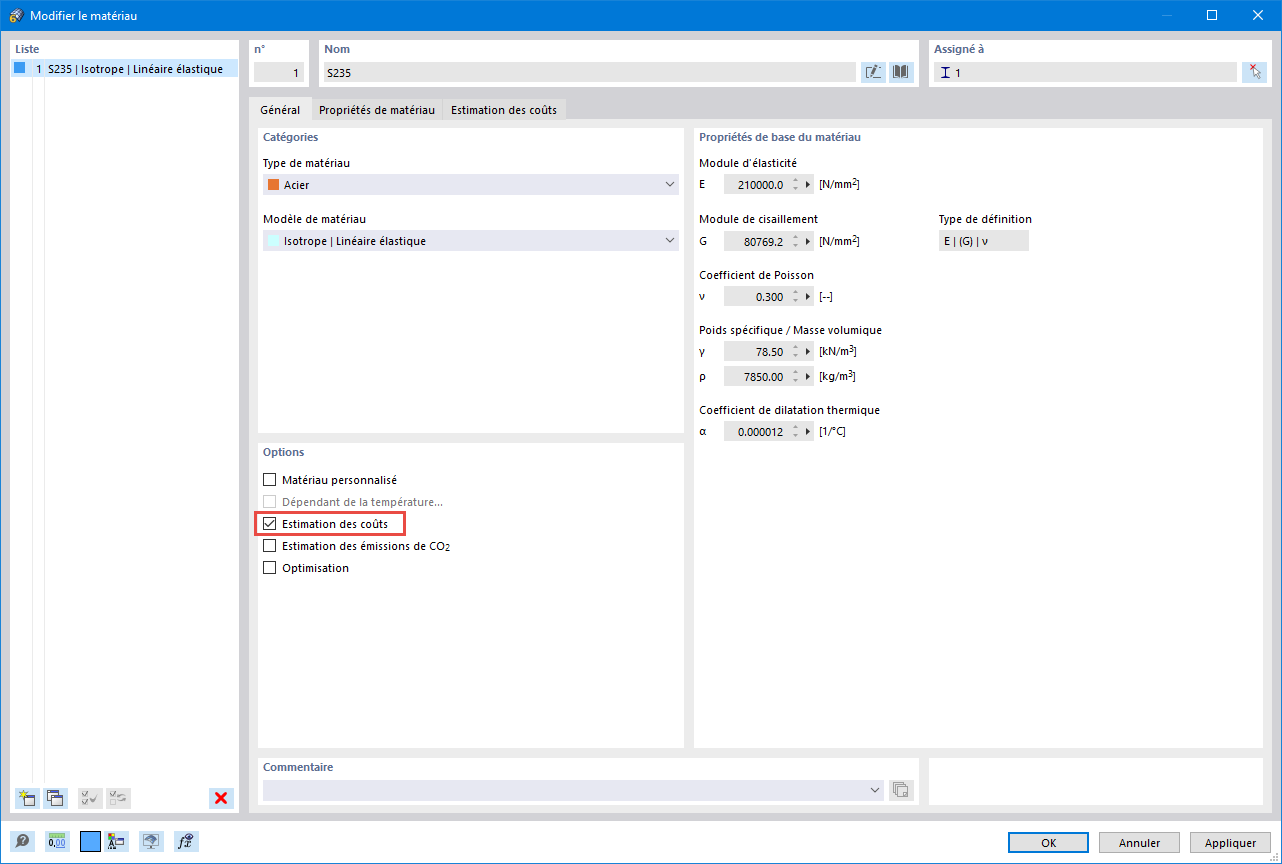 Activation de l'option « Estimation des coûts »