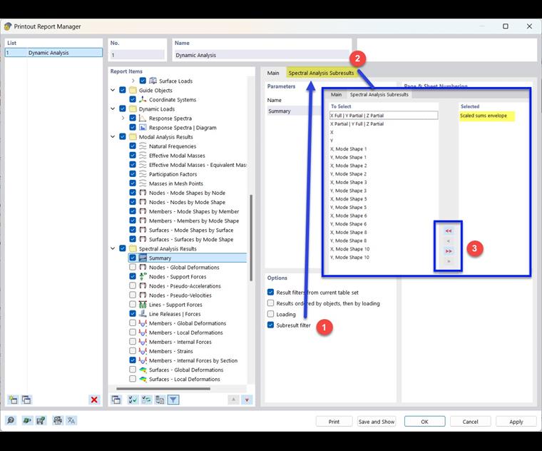 Sélection des résultats partiels de l’analyse spectrale pour le rapport d’impression