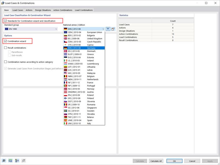 Activation de l’assistant de combinaisons et des normes pour l’assistant de combinaisons et pour la classification