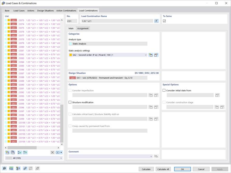 Nombre de combinaisons de charges sans réduction