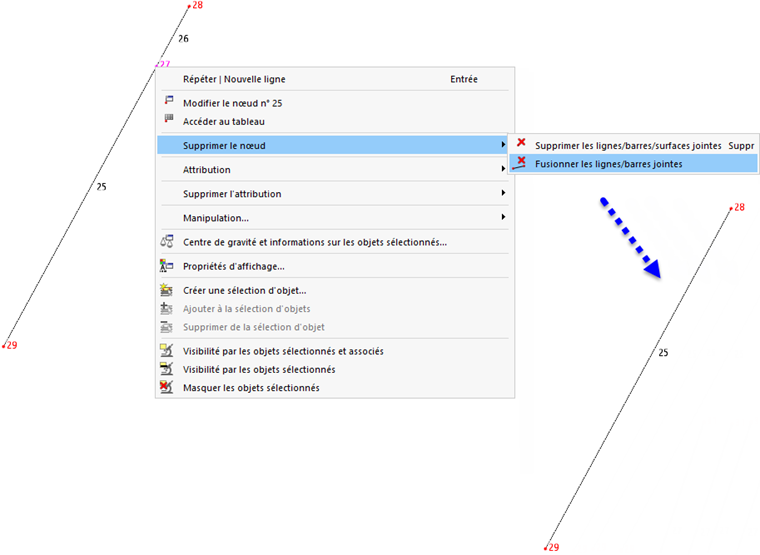 Menu contextuel du nœud pour la fusion des lignes avec le résultat