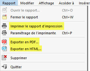 Menu « Rapport » du rapport d’impression