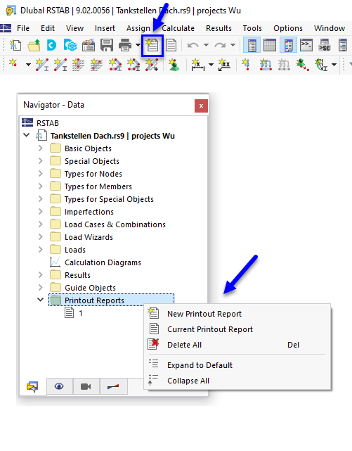 Bouton « Nouveau rapport d'impression » et menu contextuel