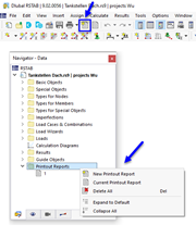 Bouton « Nouveau rapport d'impression » et menu contextuel