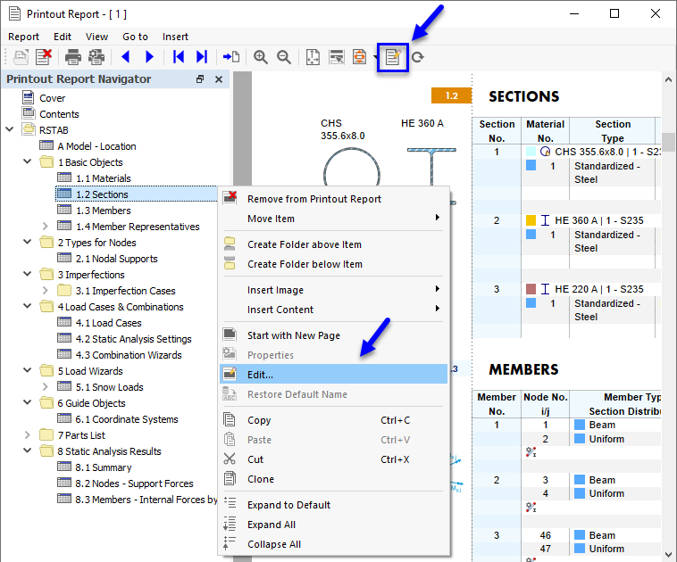 Bouton « Modifier le rapport d'impression » et menu contextuel