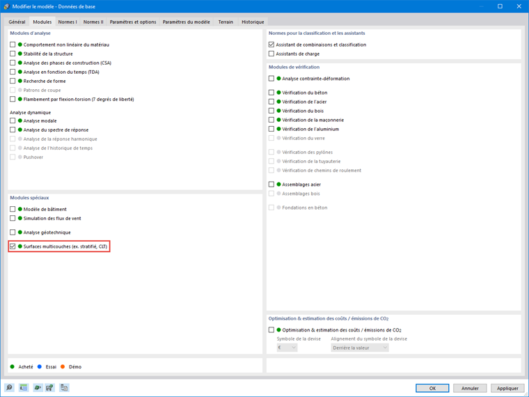 Module complémentaire « Surfaces multicouches » dans les données de base