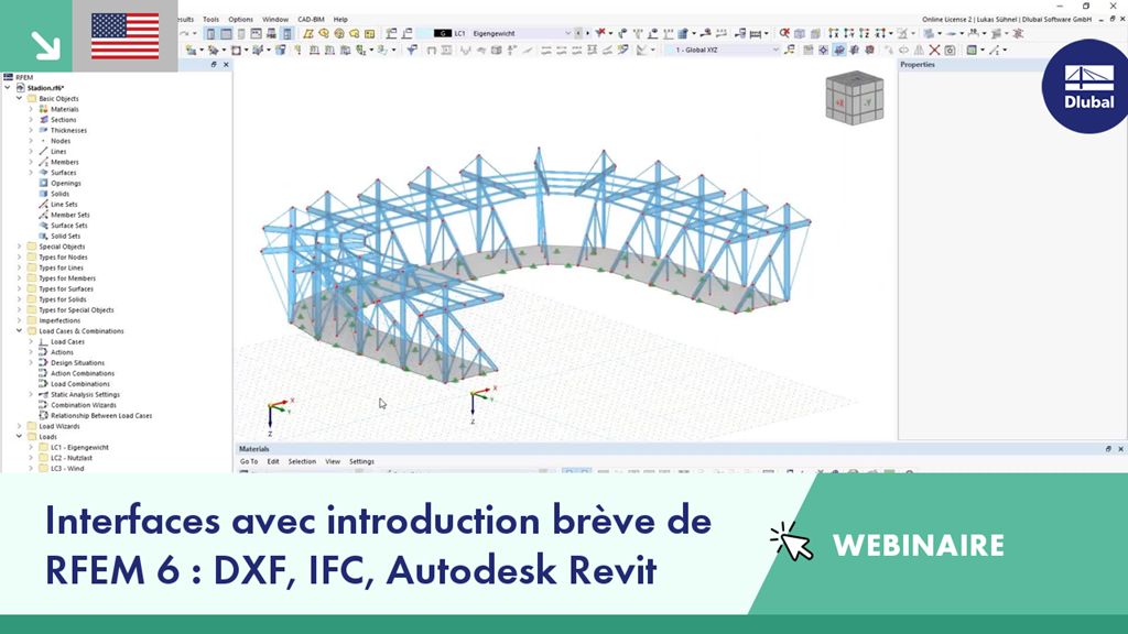 Webinar slide showcasing RFEM 6 interfaces with DXF, IFC, and Autodesk Revit integration.
