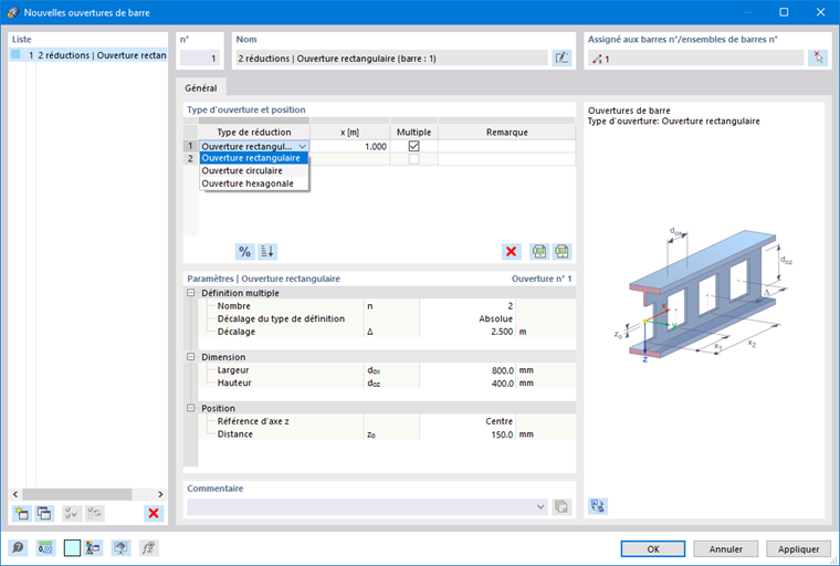 Boîte de dialogue « Nouvelles ouvertures de barre »