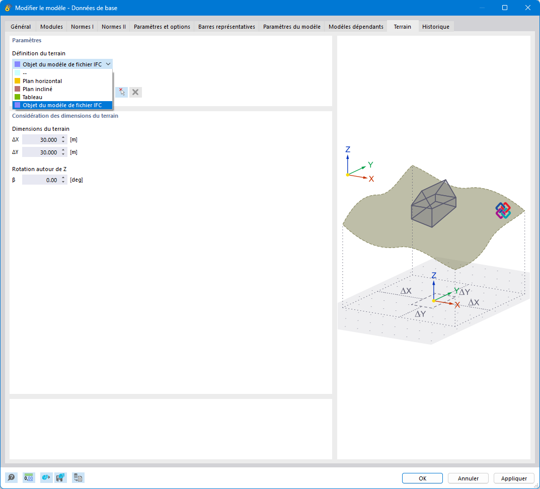 Onglet « Terrain » dans la boîte de dialogue Données de base