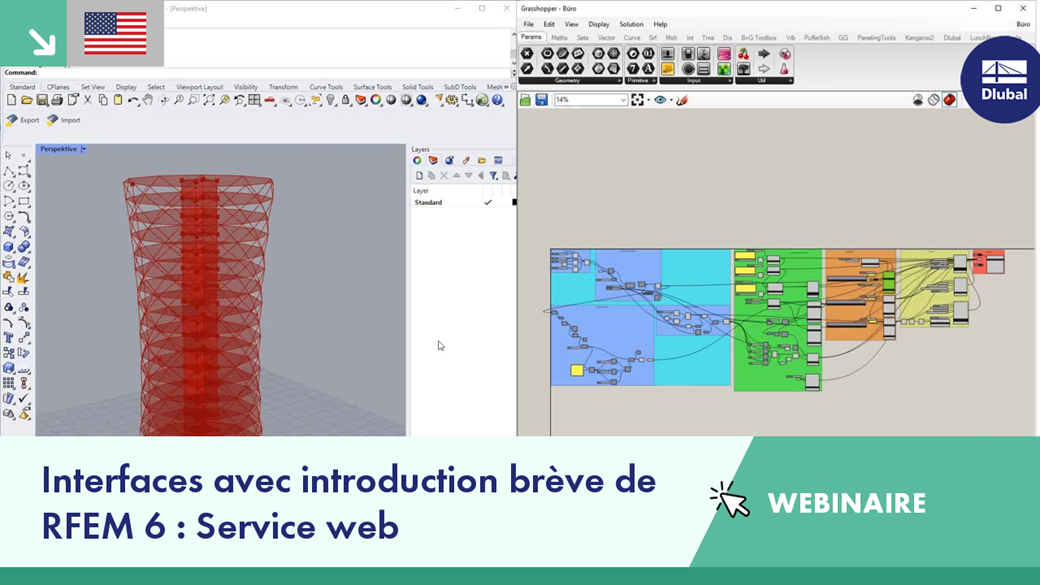 Interface presentation highlighting Webservice with Rhino and Grasshopper integration in an expert webinar session with visual aids.