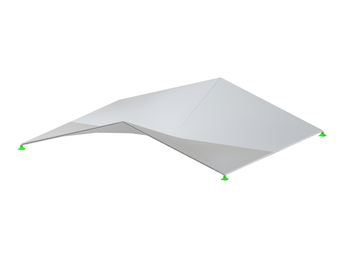 Coques anticlastiques avec quatre surfaces "hypar" couvrant un plan rectangulaire, présentant deux bords et des plis sur un seul niveau.