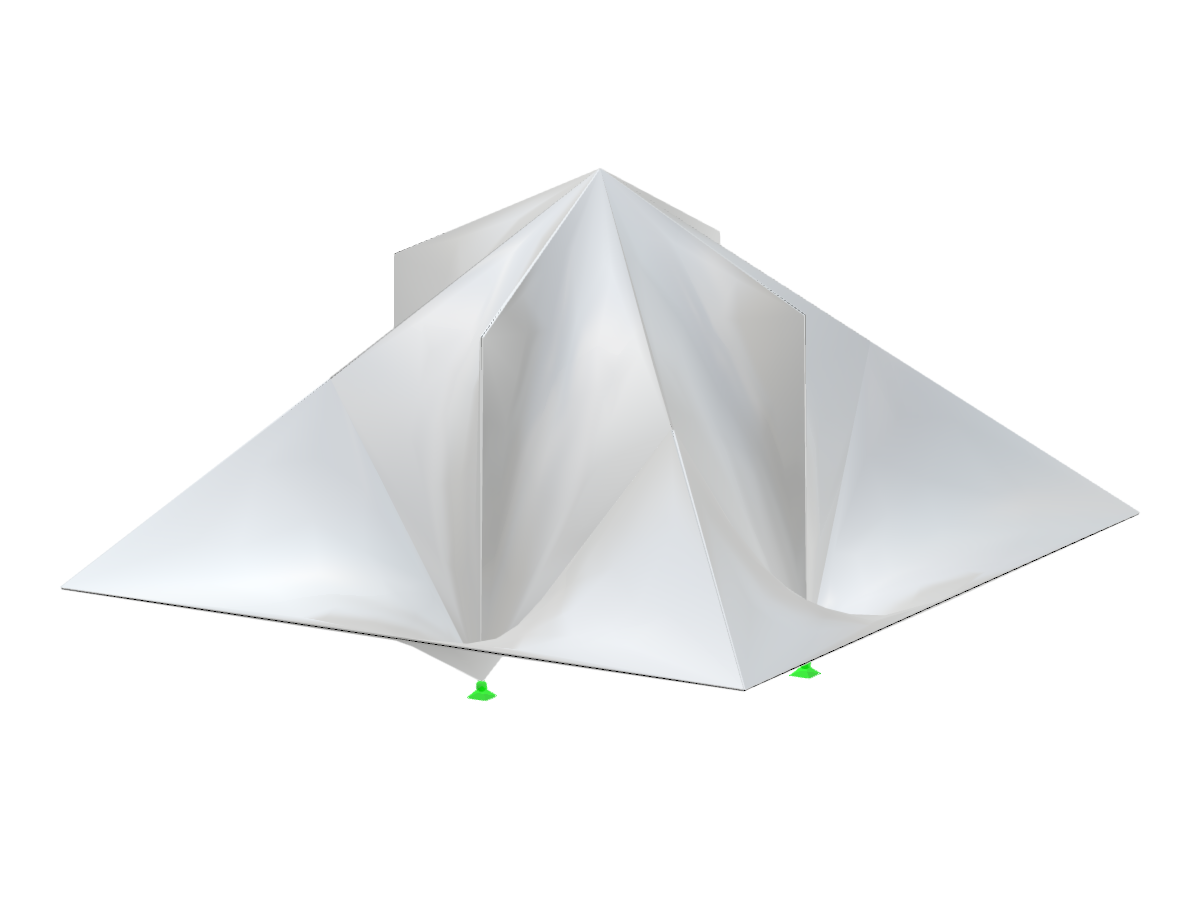 Un modèle présentant seize surfaces anticlastiques « hypar » sur un plan carré, illustrant des structures définissant l'espace avec des surfaces à bords droits.