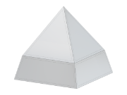 Une structure pyramidale rectangulaire avec une section inférieure effilée, illustrant la géométrie technique et les détails de construction.
