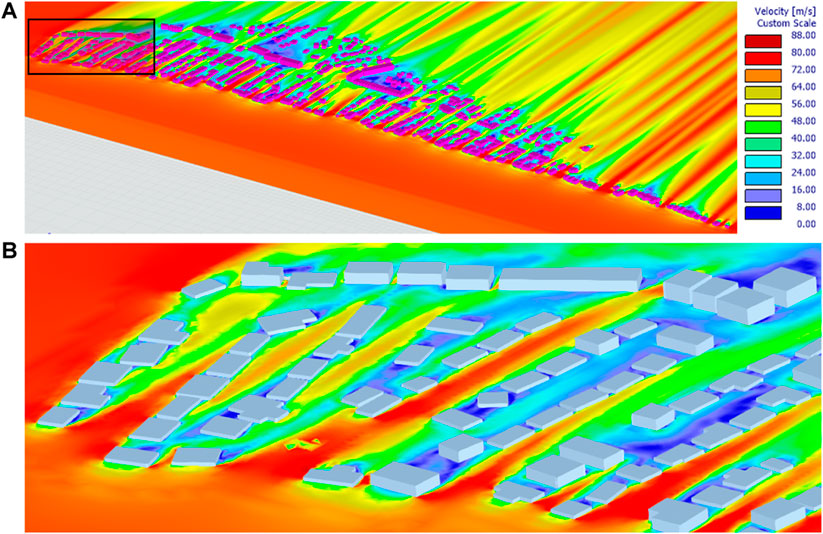 Image 11 : Flux de vent modélisé pour la zone d'étude : (A) Spatial Distribution of Wind Speed Across Community; (B) Close-up View on Wind Speed Contours
