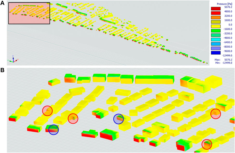 Distribution de la pression du vent : (A) Distribution de la pression du vent de surface sur les bâtiments dans la communauté ; (B) Vue rapprochée de la distribution de la pression du vent au niveau des bâtiments