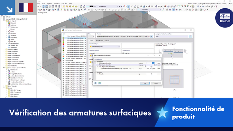 Darstellung der Auslegung von Flächenbewehrung in einem Bauprojekt. Nutzung einer spezifischen Technologiefunktion zur Optimierung der Bewehrungsverteilung bei Stahlbetonbauteilen.