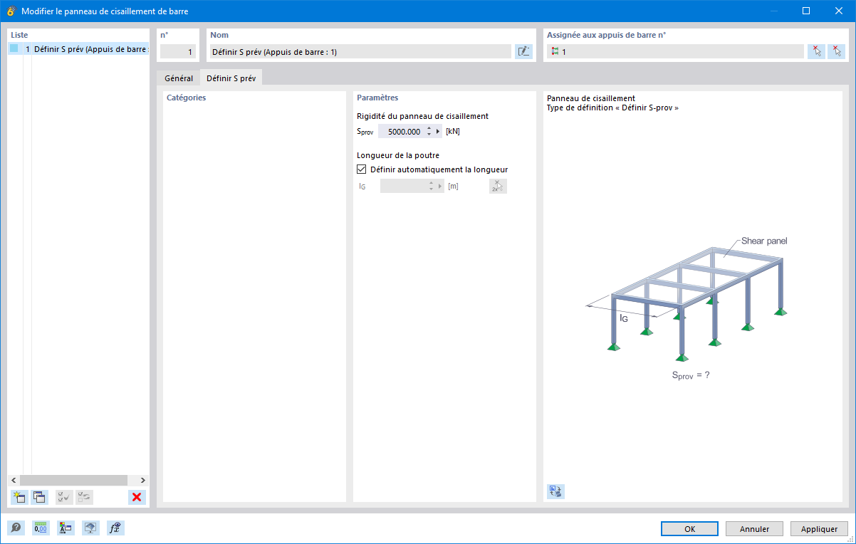 Boîte de dialogue « Panneau de cisaillement de barre », onglet « Définir S-prév »