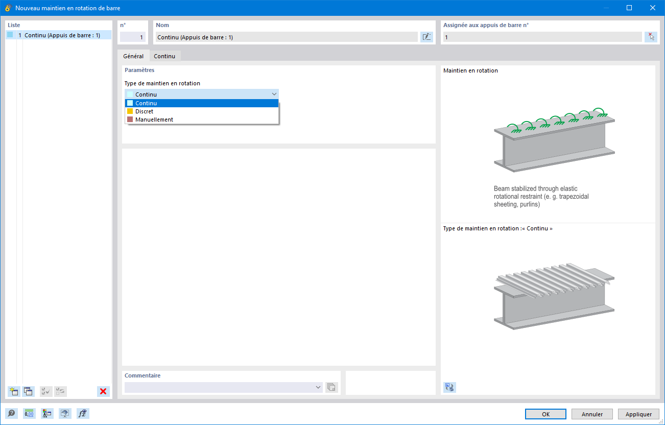 Boîte de dialogue « Maintien en rotation de barre », onglet « Général »