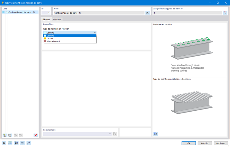 Boîte de dialogue « Maintien en rotation de barre », onglet « Général »