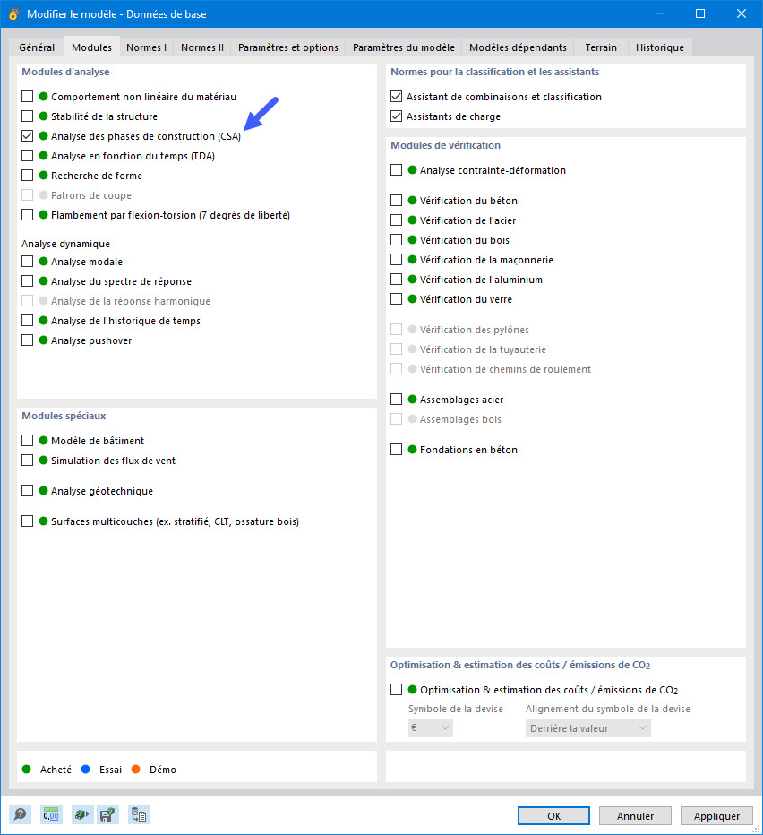 Activer le module complémentaire « Analyse des phases de construction (CSA) »