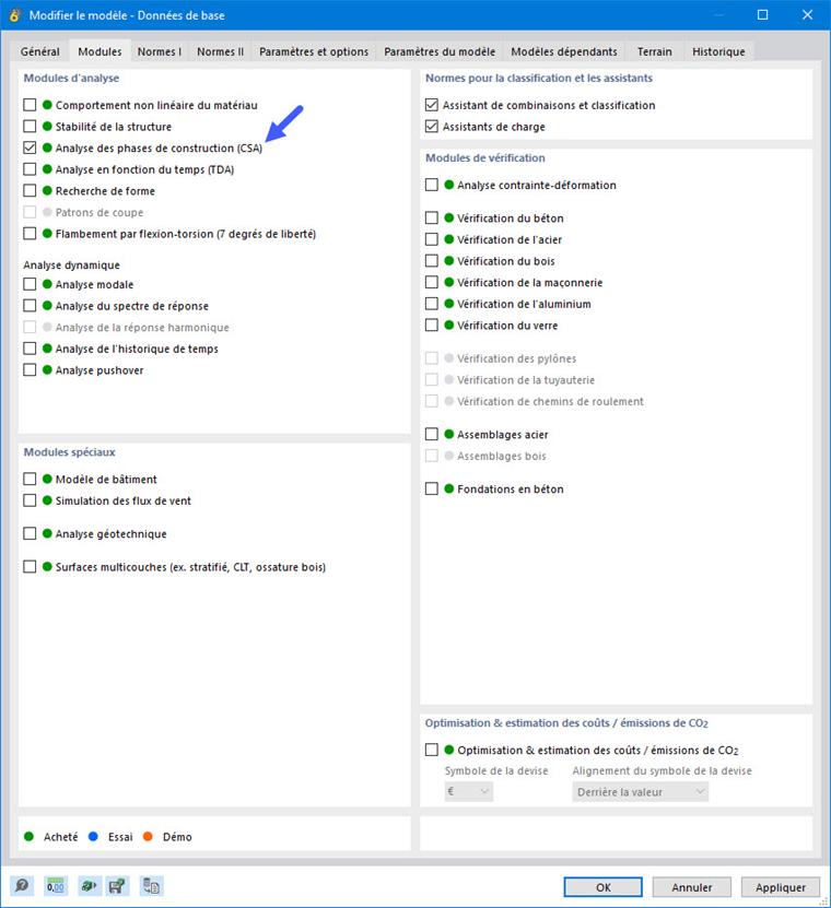 Activer le module complémentaire « Analyse des phases de construction (CSA) »