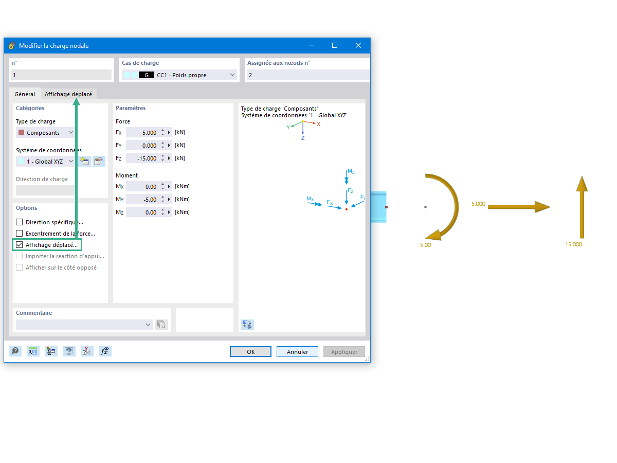 Fonctionnalité 002562 | Affichage déplacé des charges nodales