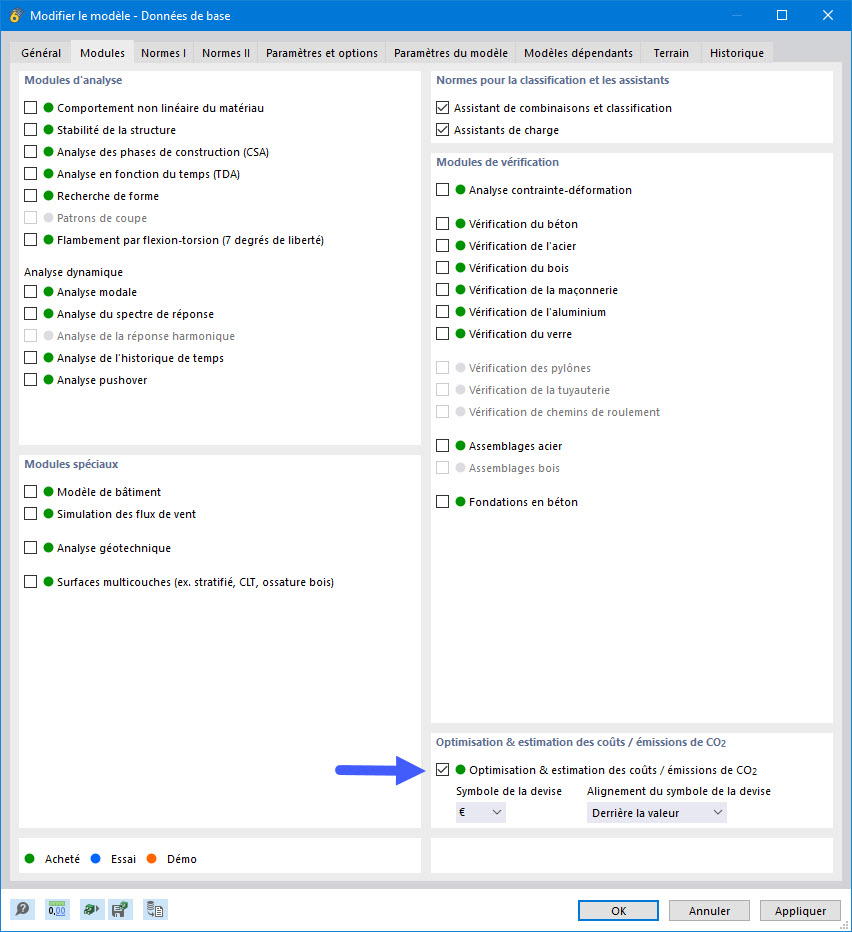 Activation du module complémentaire « Optimisation et estimation des coûts/émissions CO₂ »