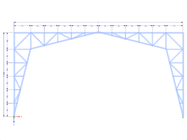 Modèle 001883 | FTZ070 | Entrée via le nombre de travées horizontales (nh), les travées verticales (nv), les travées extérieures (L_1), les travées intérieures (L_2), la hauteur des travées verticales (H_1) et la hauteur de la première travée horizontale (H_2) avec les paramètres