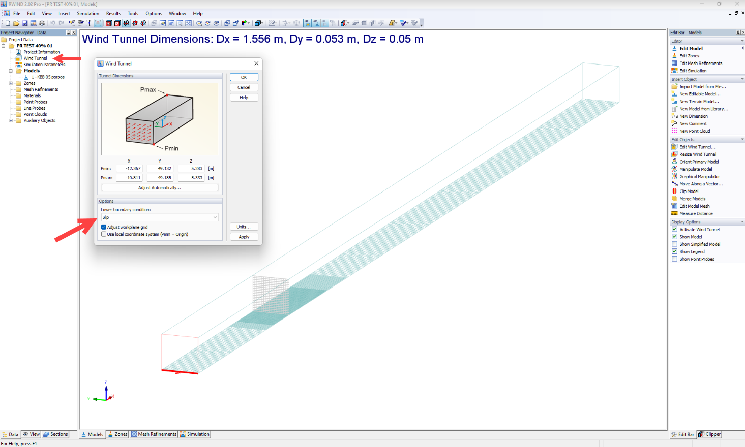 Paramètres de la soufflerie