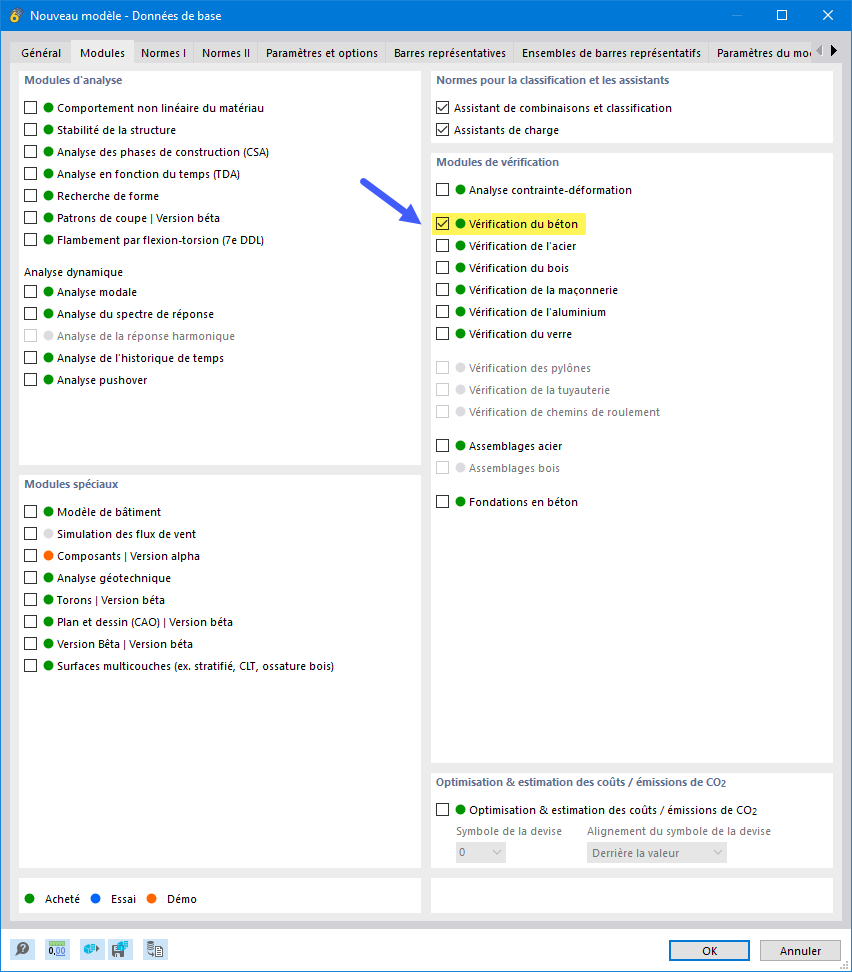 Activation du module complémentaire « Vérification du béton »