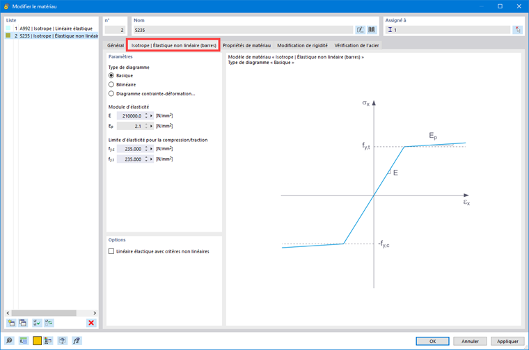 Modèle de matériau Isotrope | Élastique non linéaire (barres)