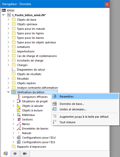 Menu contextuel de la catégorie « Vérification du béton » dans le navigateur