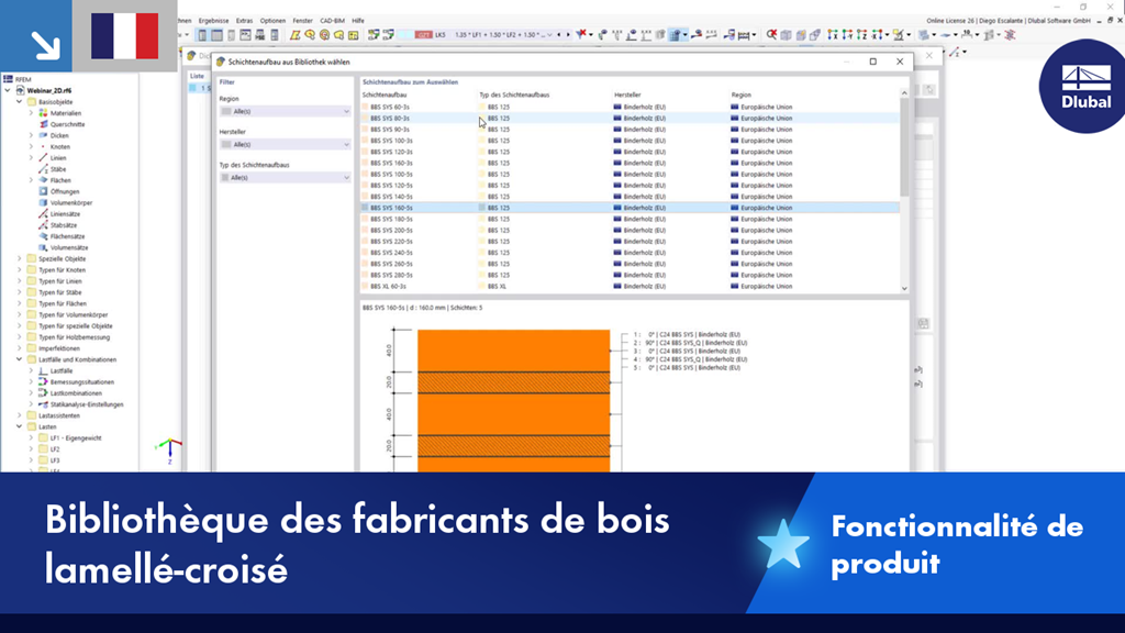 Vue détaillée d'une bibliothèque de fabricants de bois lamellé-croisé avec des propriétés matérielles spécifiques