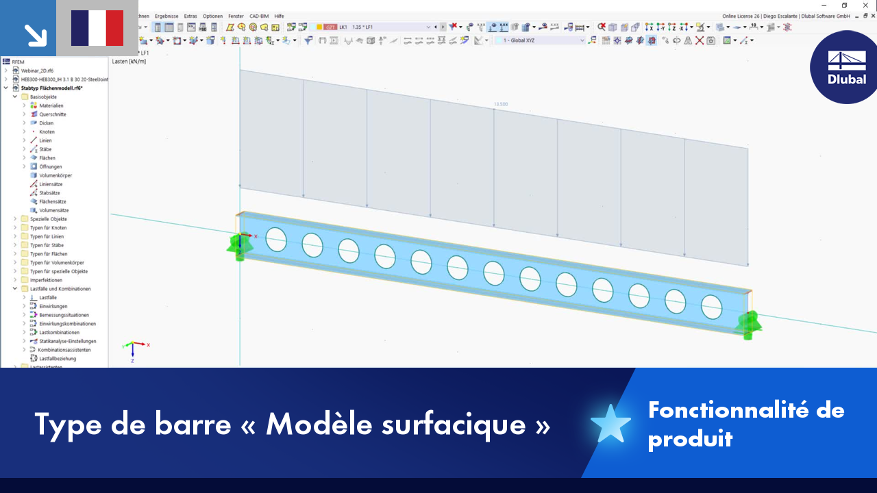Modèle de surface comme type de barre dans l’analyse de structure, visualisé en vue 3D.