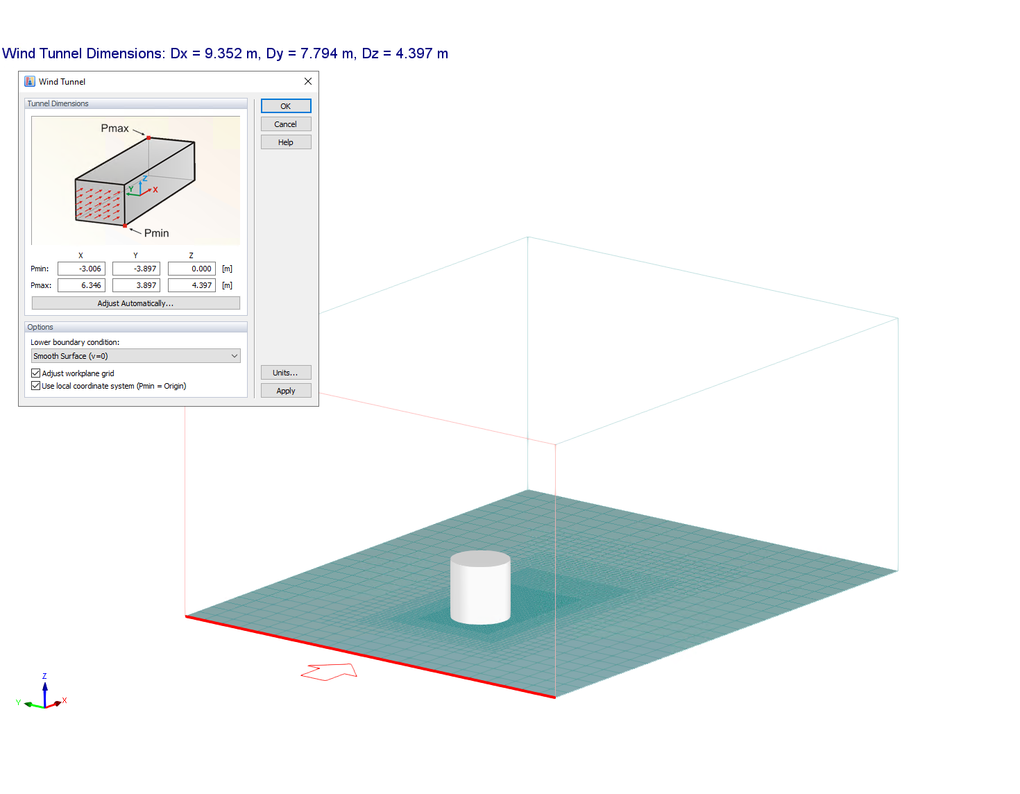 Image 2 : Dimensions par défaut de la soufflerie