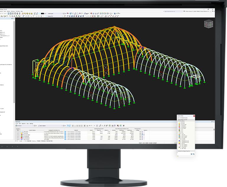 Ce modèle RSTAB représente une serre d’exposition en U avec trois sections cintrées interconnectées.