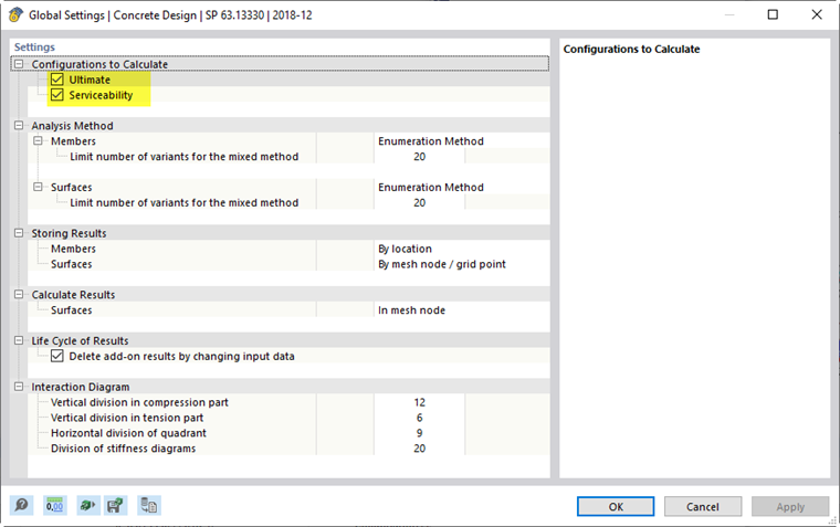 Configurations pour la vérification du béton selon SP 63.13330