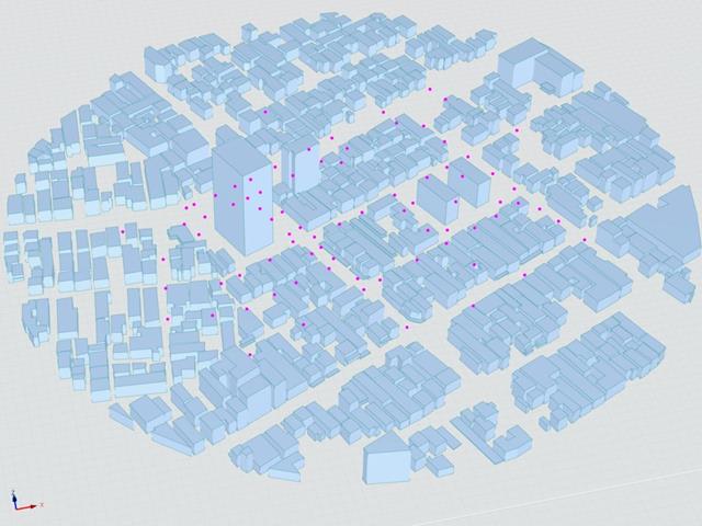 Modélisation vue du dessus - Étude de cas AIJ : Section réelle de la ville avec des bâtiments bas Niigata City
