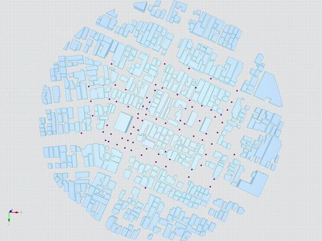Modélisation vue du dessus - Étude de cas AIJ : Section réelle de la ville avec des bâtiments bas Niigata City