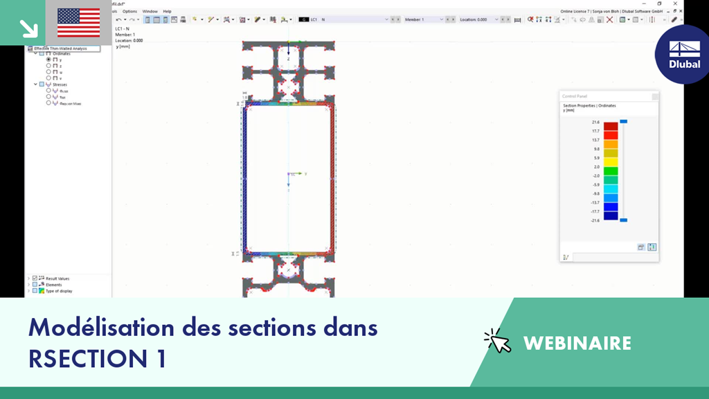 Vue 3D d’un processus de modélisation de section dans le webinaire du logiciel RSECTION 1, montrant une analyse de section structurelle.