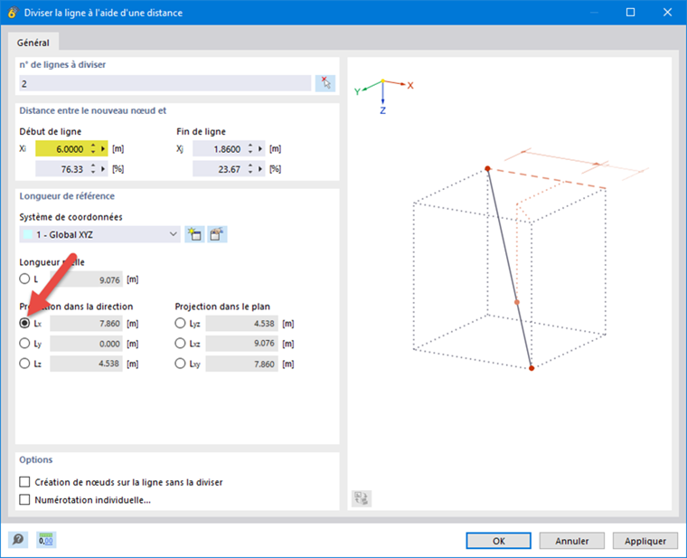 Boite de dialogue « Diviser la ligne par distance »