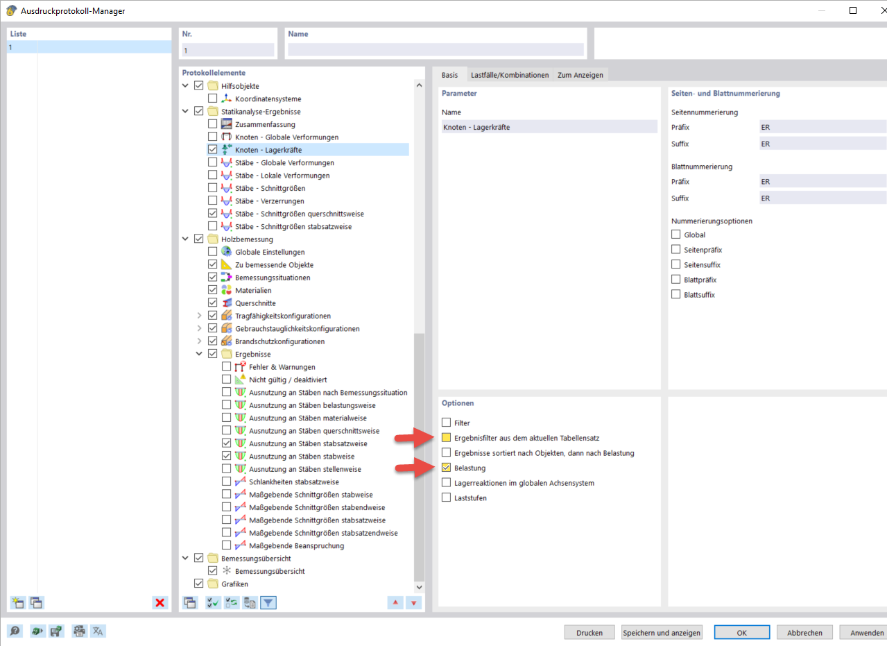 Options du gestionnaire de rapports d'impression