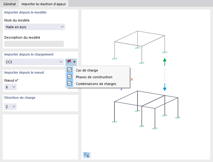 Définir le modèle, le chargement et le nœud pour l’importation de la réaction d’appui