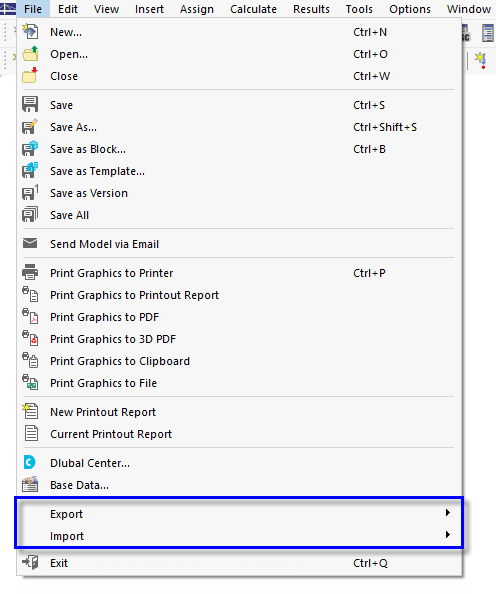 Interfaces dans le menu « Fichier »